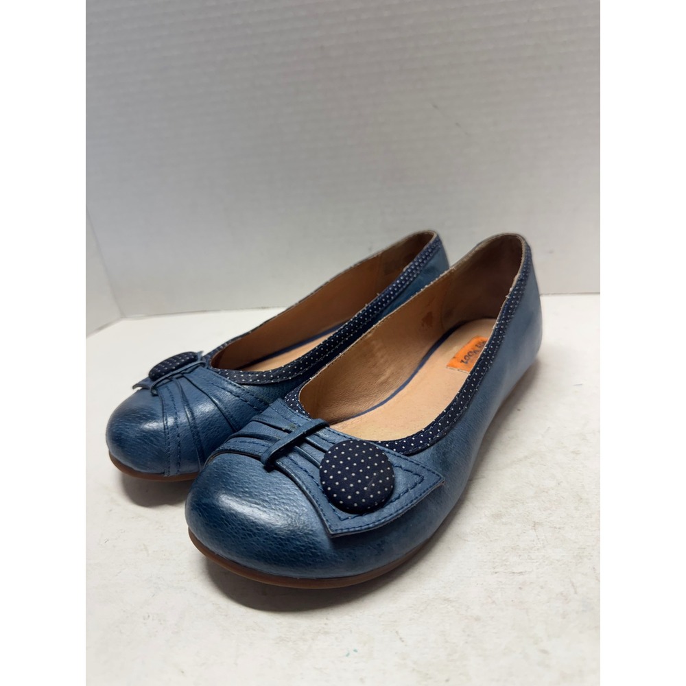 Miz Mooz Della Blue Leather Polka Dot Button Ballet Flats Size 7